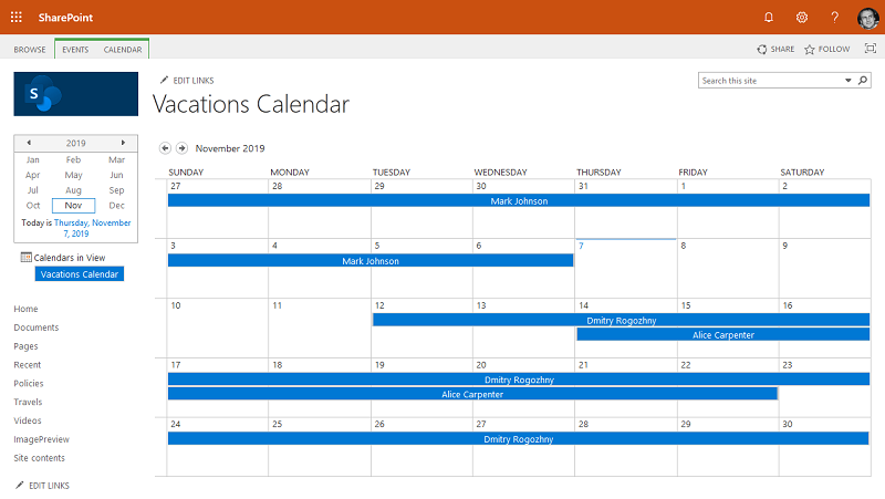 SharePoint calendar standard view