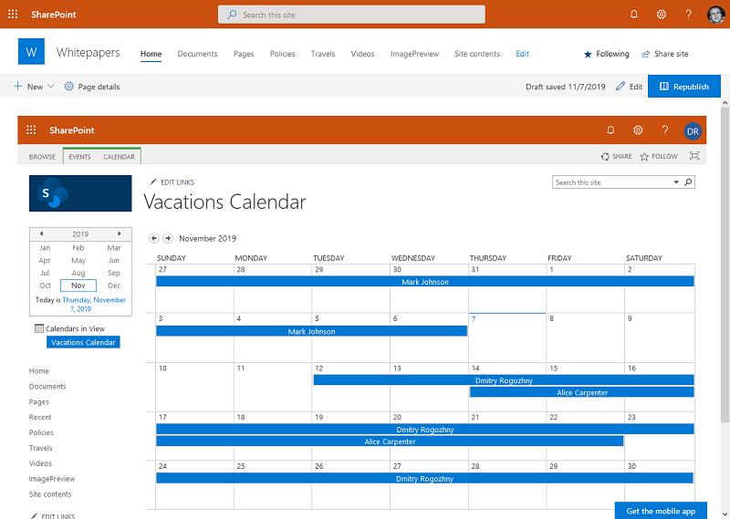 SharePoint calendar embed view