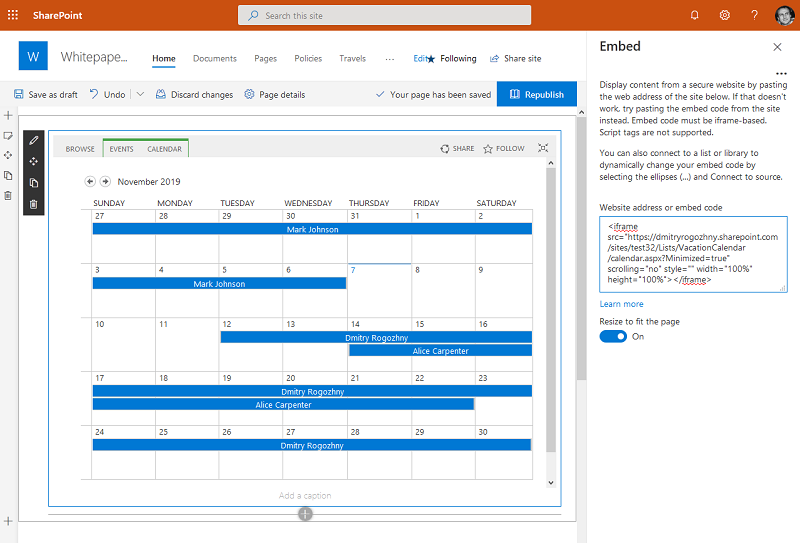 SharePoint calendar embed