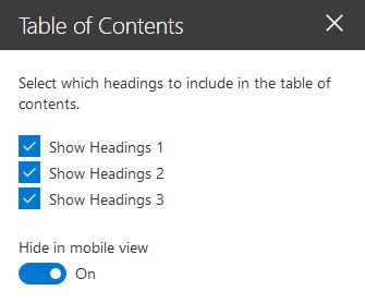 Table of Contents web part settings