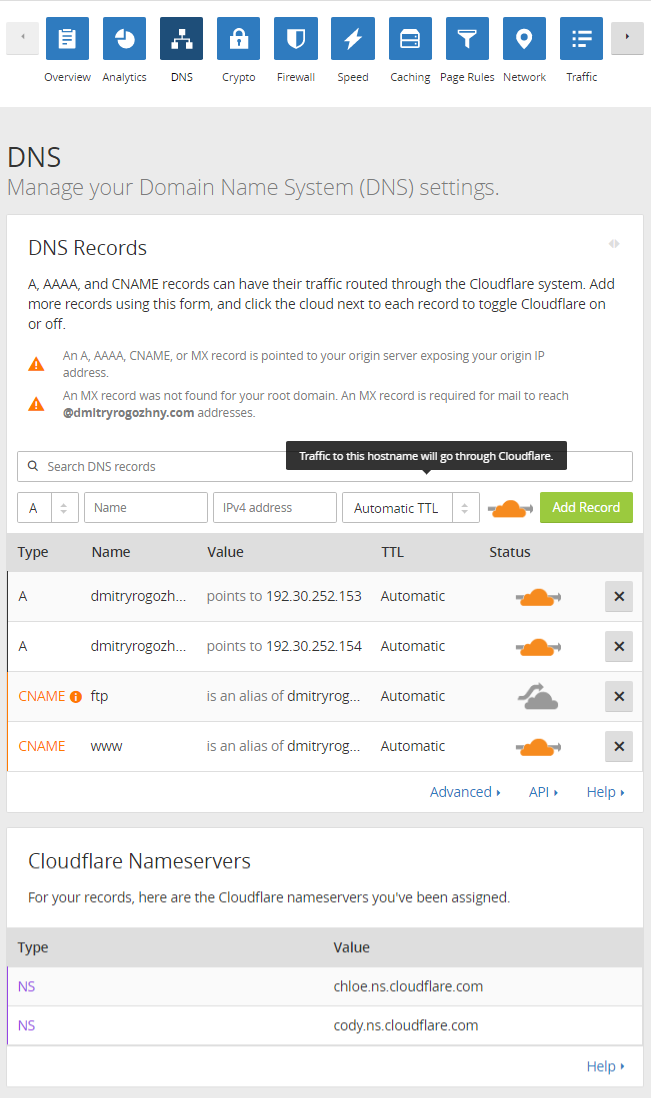 CloudFlare domain settings